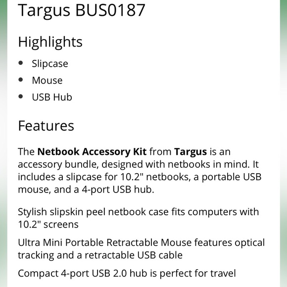 Targus BUS0187 Accessory Kit for 10.2 Inch Netbooks; Brand new - Picture 4 of 5